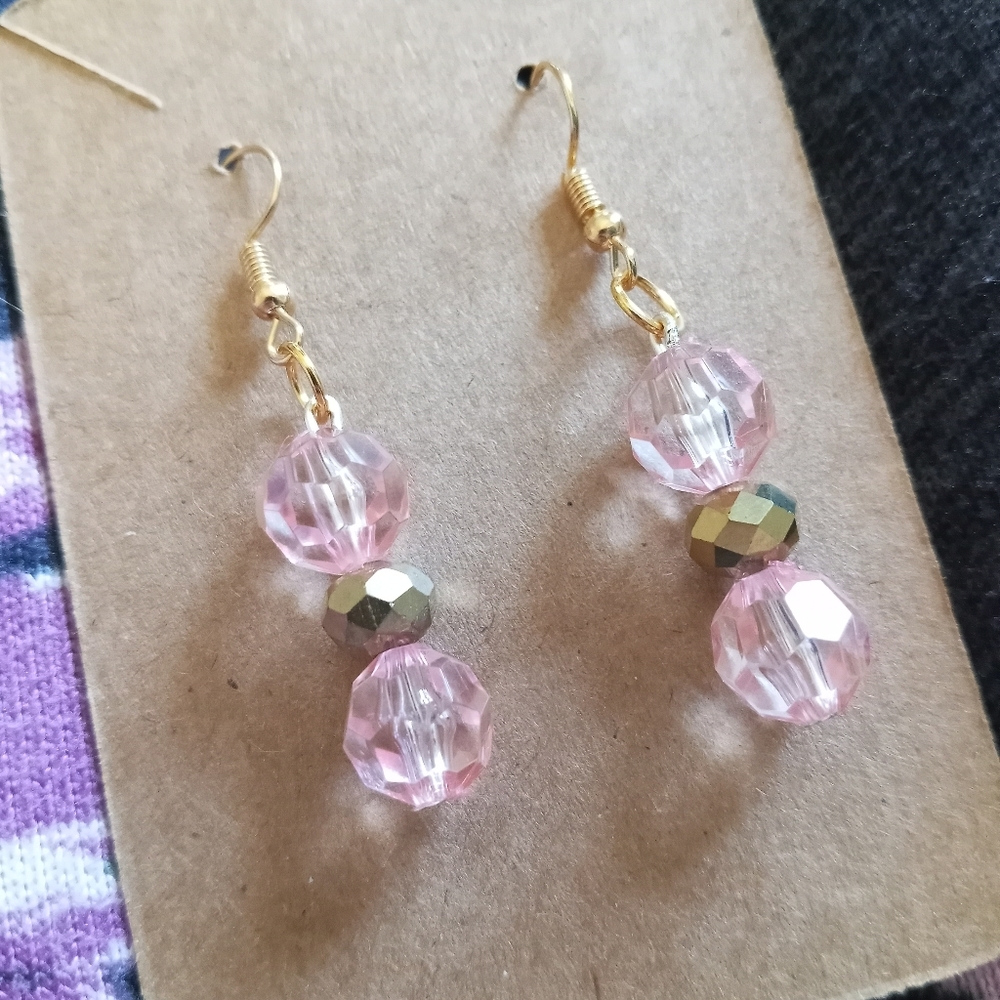 Hand Crafted Pink Rose Gold Crystal drop statement earrings pastel